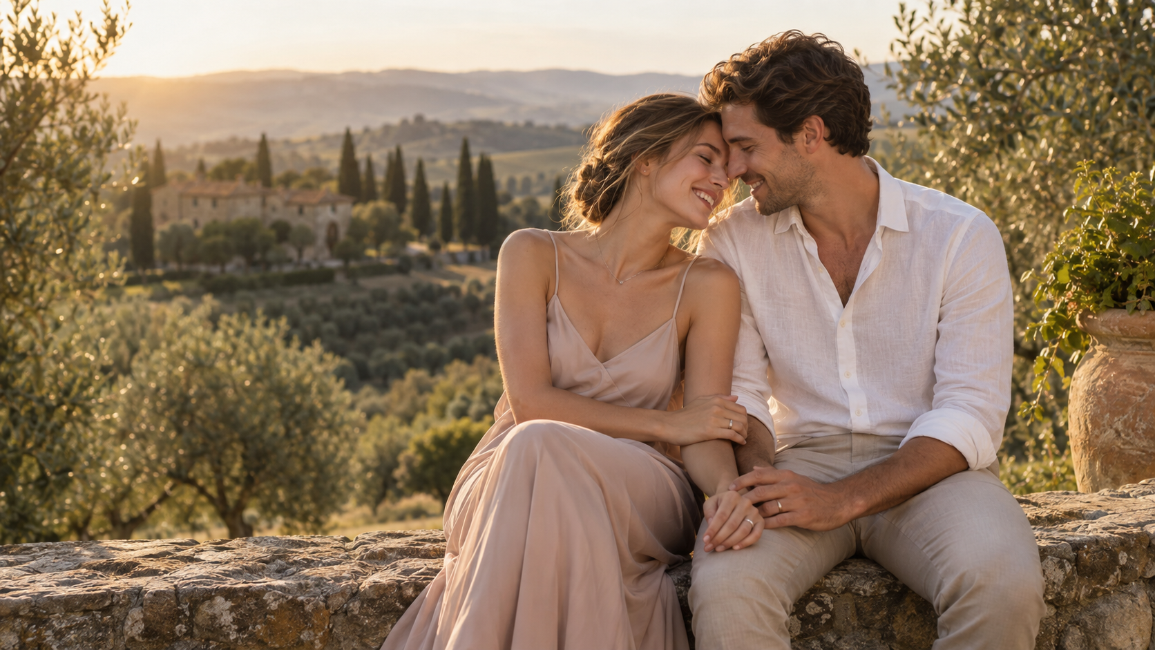 Newly married couple celebrating their love in the European countryside