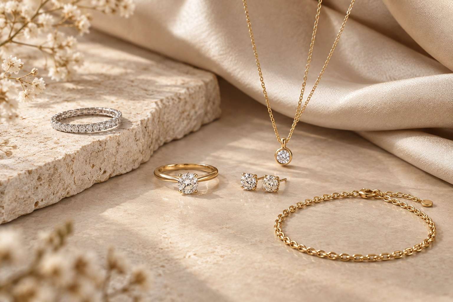 Elegant selection of rings, earrings, pendant and bracelet for a wedding anniversary